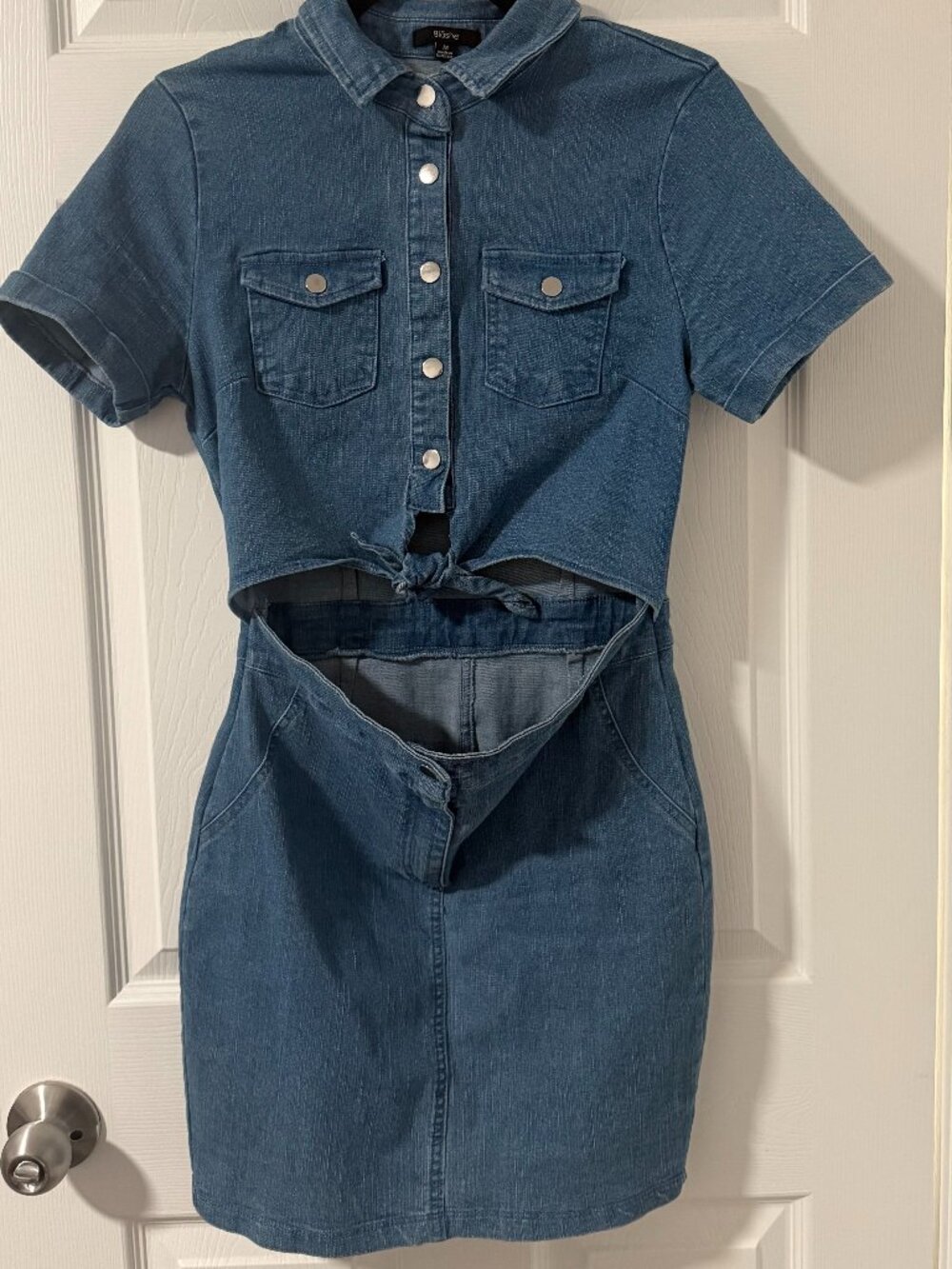 Blāshe Denim Front-Tie Waist Cutout Mini Dress M